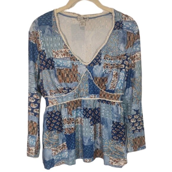 VTG Y2K L.E.I. Patchwork Printed Babydoll Long Sleeve Boho Western Fairy Sz XL - Picture 1 of 5